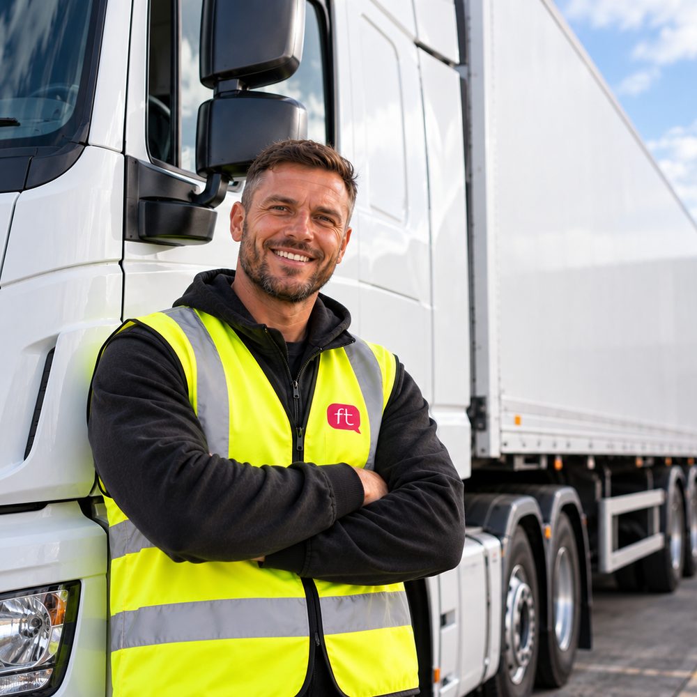 FT Recruitment HGV driver in a hi-vis vest standing by his lorry