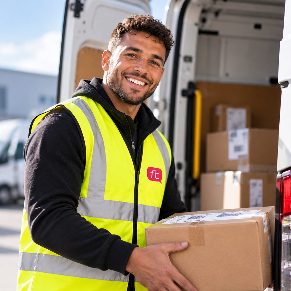 FT Recruitment van driver unloading a parcel from his delivery van
